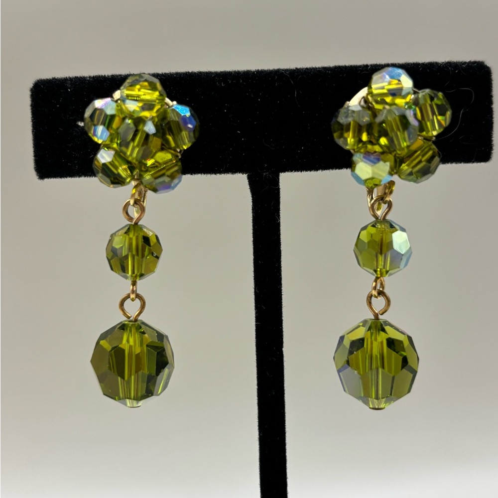 Vintage 1 3/4” Olivine Green Crystal drop Chandelier Clip Earrings